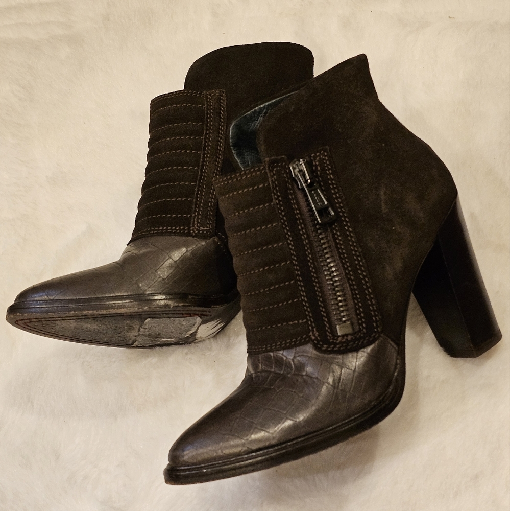 AllSaints Brown Suede Leather Moto Heeled Boots Pointed Toe Biker EU 36 US 5